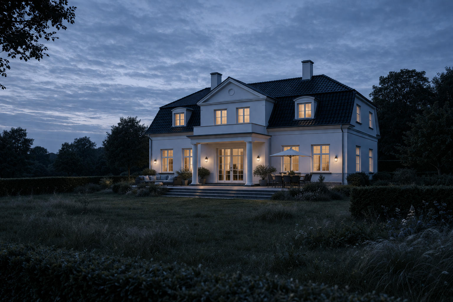 Hvid villa i aftenmørke — formue og frihed